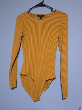 Forever 21 Mustard Ribbed Long Sleeve Scoop Neck Bodysuit Small